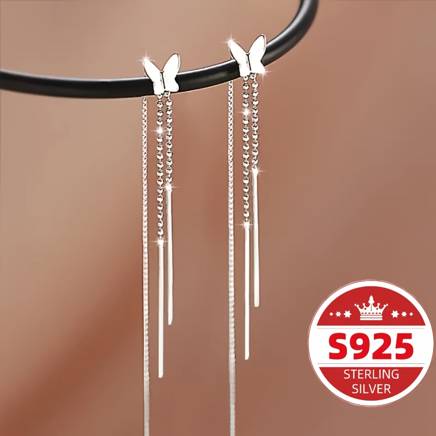Women's S925 Sterling Silver Butterfly Tassel Earrings